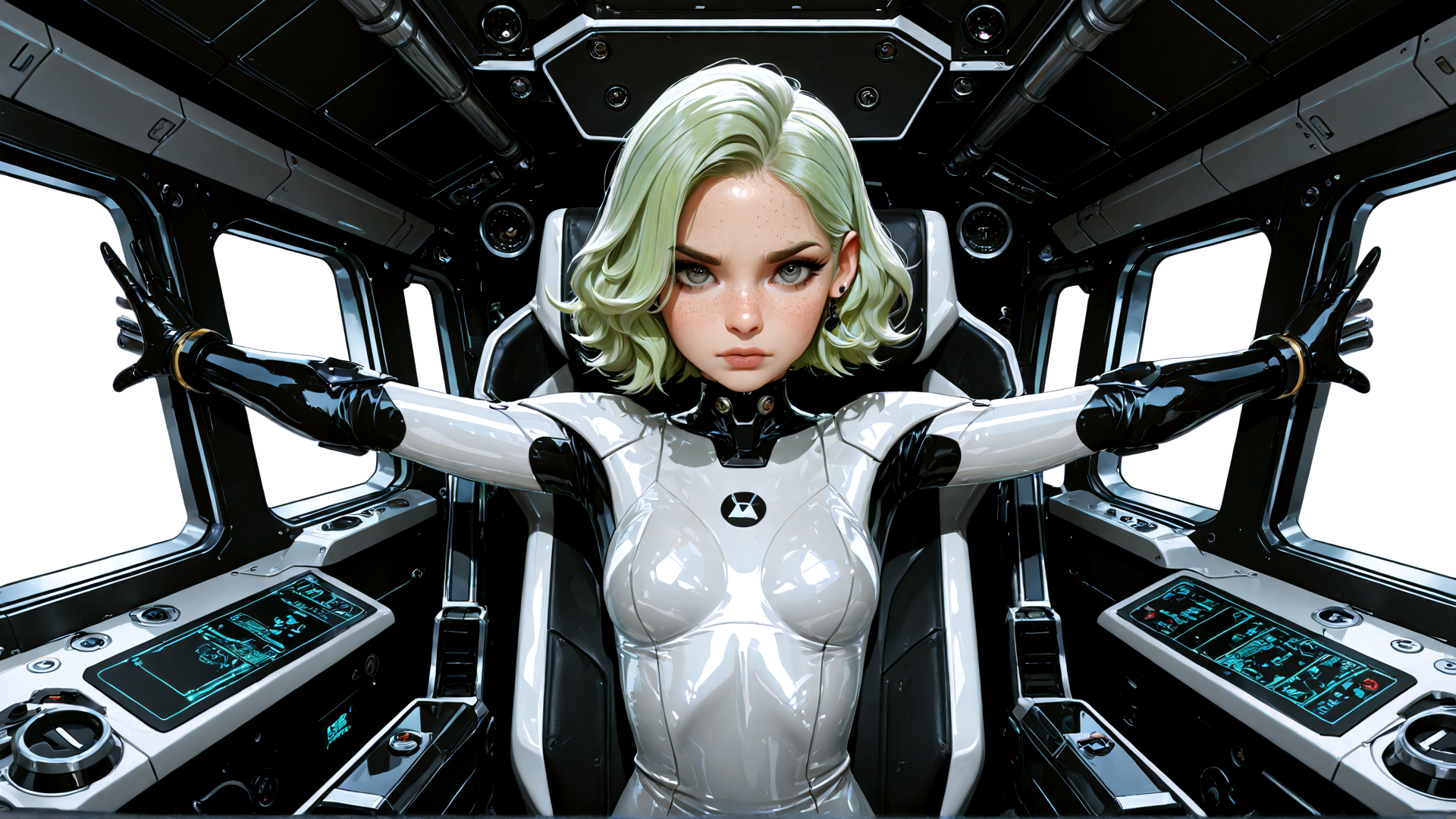 AI generated wallpaper featuring woman, pilot, cyberpunk, spacesuit, robotic, helicopter