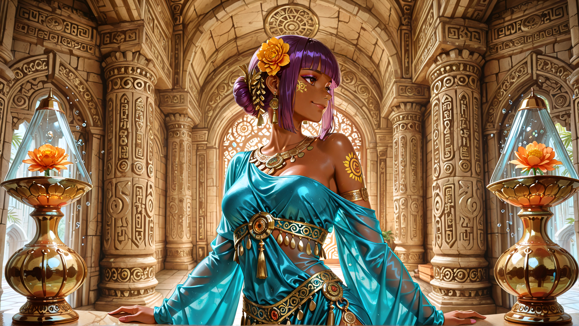 AI generated wallpaper featuring woman, columns, flowers, lanterns, jewelry, dress
