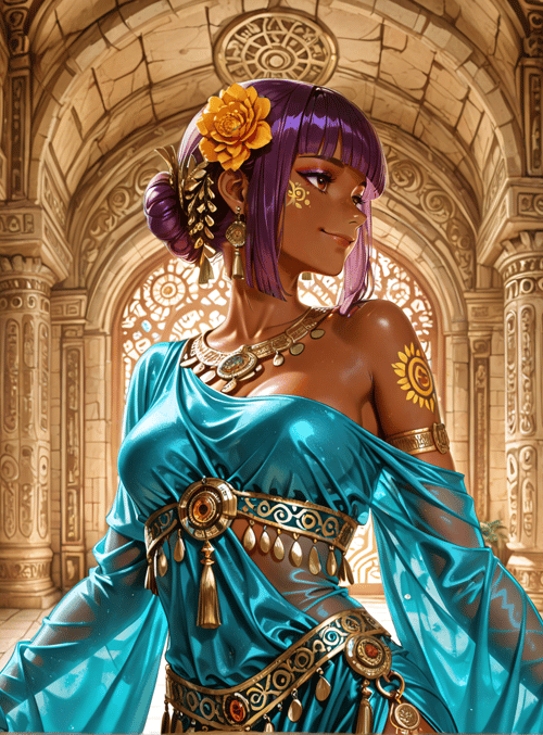 woman, columns, flowers, lanterns, jewelry, dress