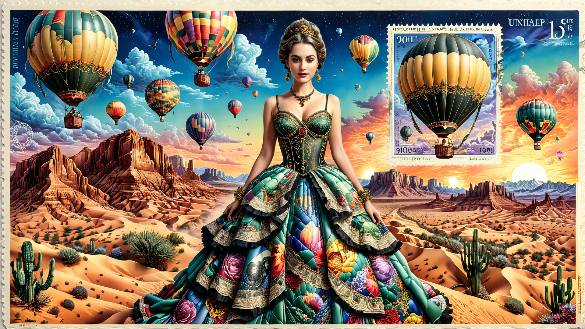 AI generated wallpaper featuring woman, hot air balloons, desert