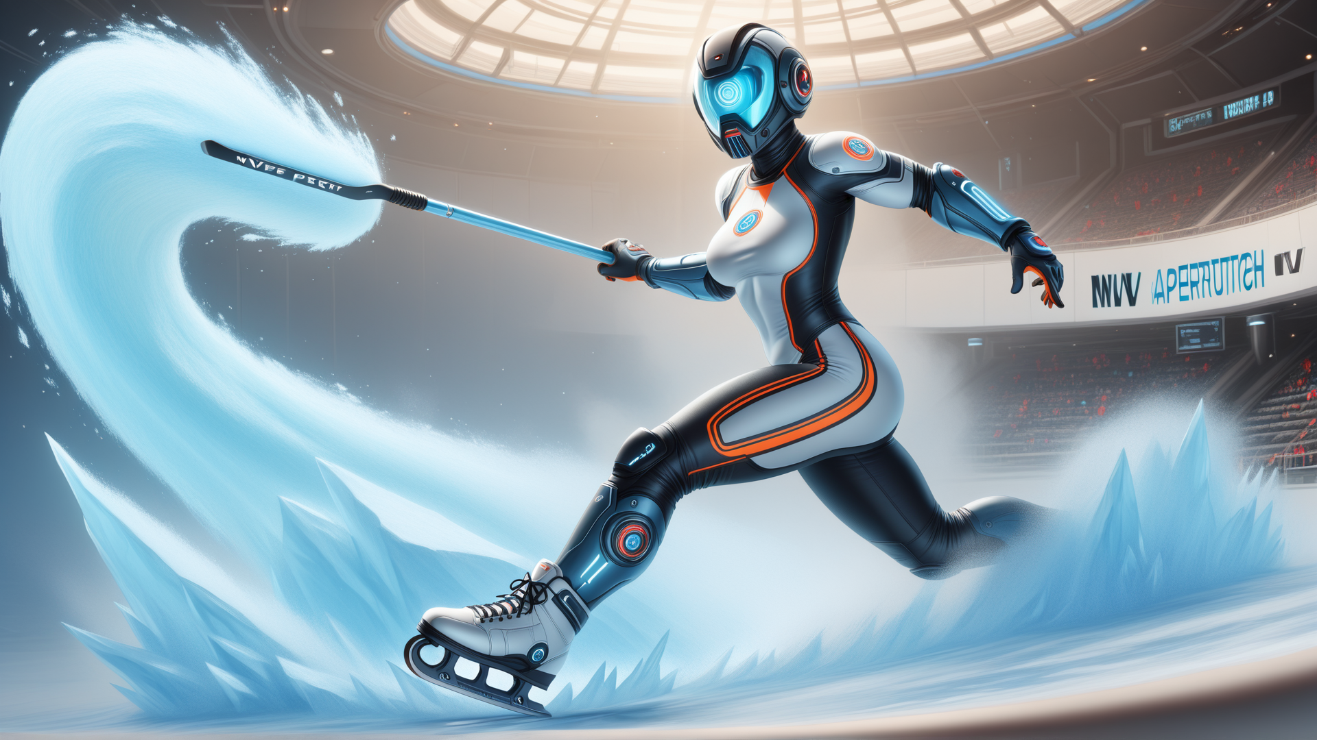 AI generated wallpaper featuring robot, skater, hockey, ice, arena, helmet, saber, gloves, skates, ice crystal