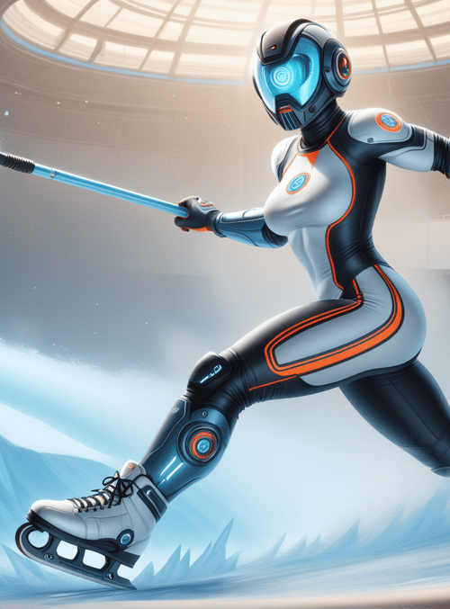 robot, skater, hockey, ice, arena, helmet, saber, gloves, skates, ice crystal