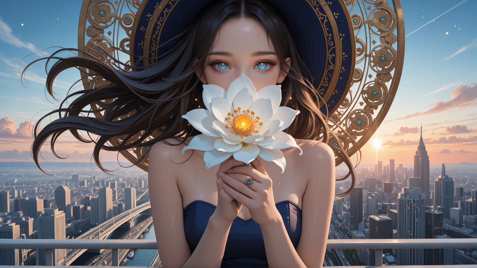 AI generated wallpaper featuring woman, lotus flower, cityscape, hat, ring, sunset, skyscraper, hair, bridges, stars