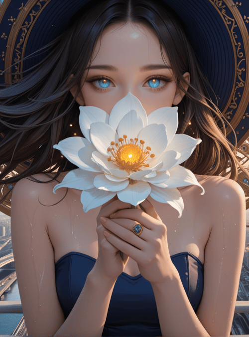 woman, lotus flower, cityscape, hat, ring, sunset, skyscraper, hair, bridges, stars