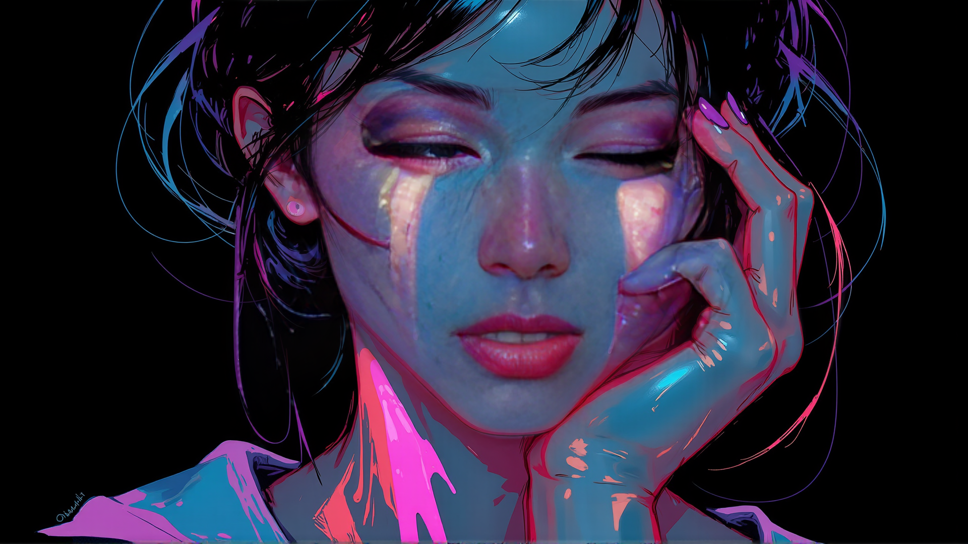 AI generated wallpaper featuring woman, tears, hand