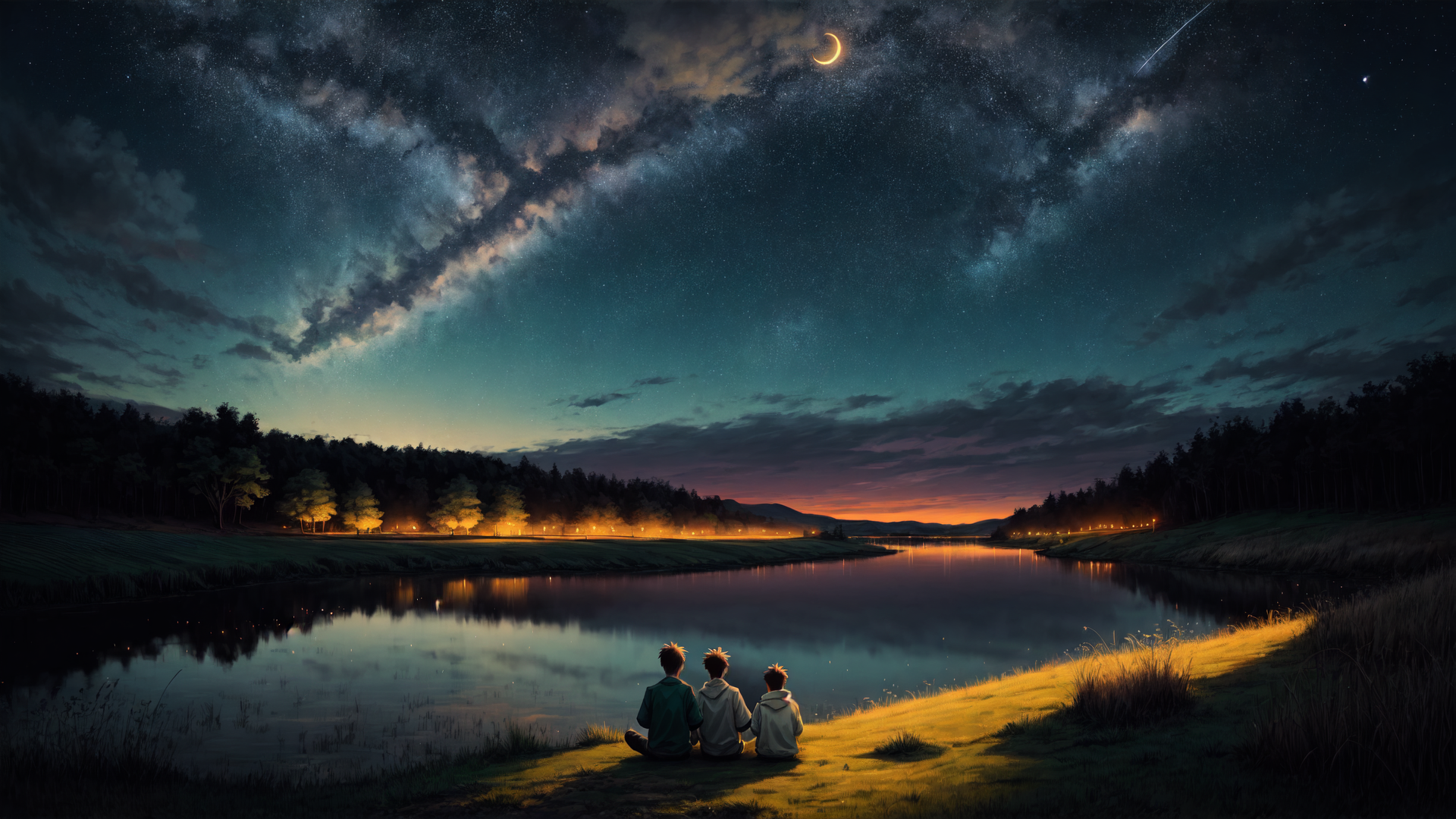 AI generated wallpaper featuring people, lake, moon, stars, forest, river, trees, grass, sky, clouds
