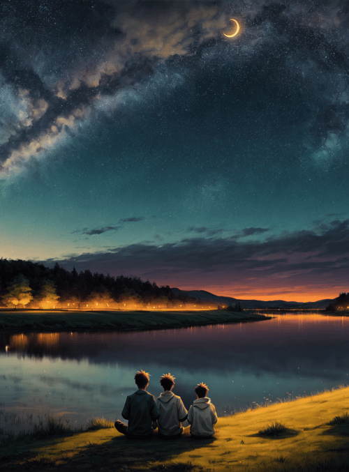 people, lake, moon, stars, forest, river, trees, grass, sky, clouds