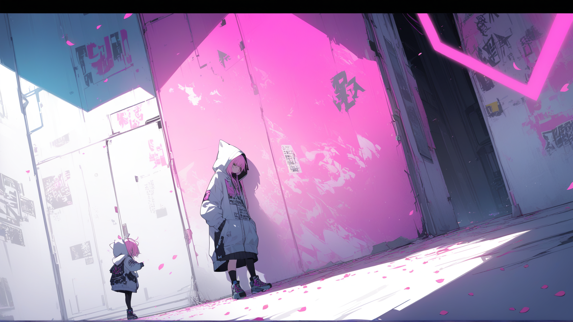 AI generated wallpaper featuring girl, boy, alley