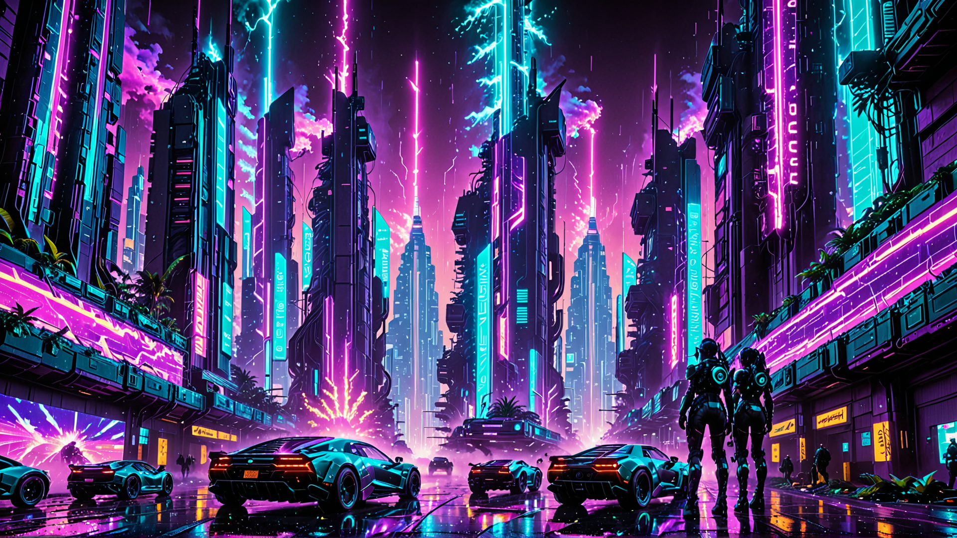 AI generated wallpaper featuring cyberpunk, city, cars