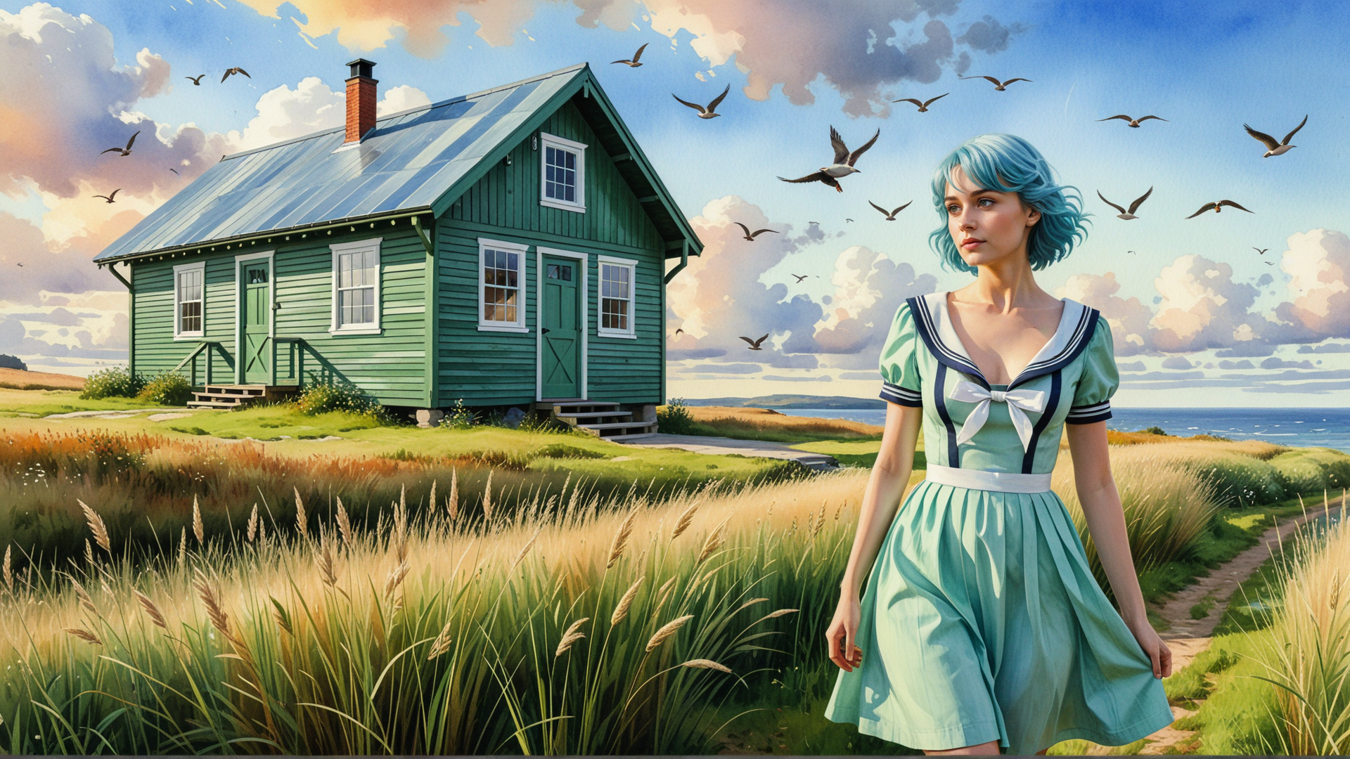 AI generated wallpaper featuring woman, house, birds, grass, path, sea