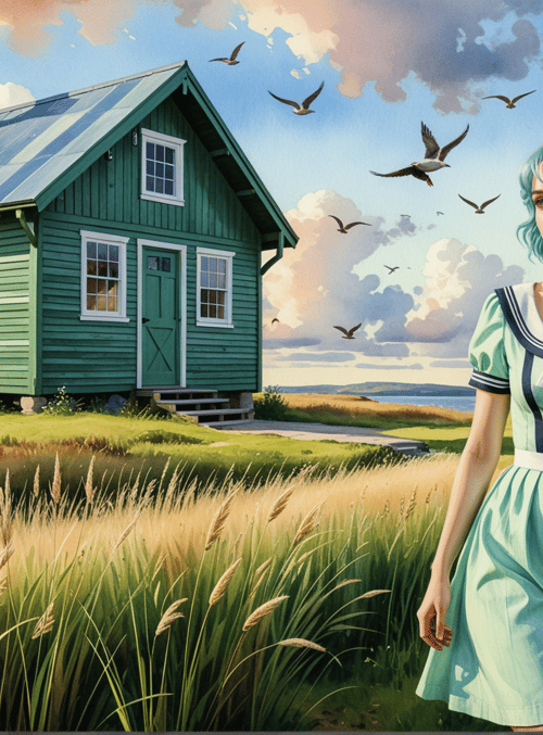 woman, house, birds, grass, path, sea