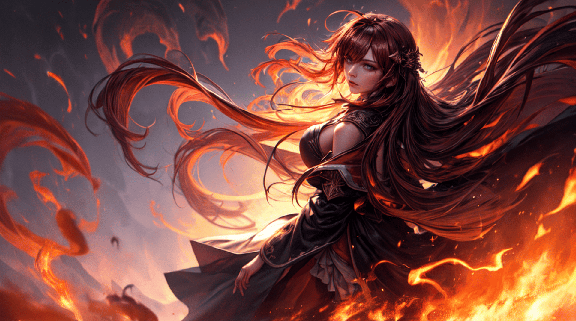 AI generated wallpaper featuring woman, fire, hair