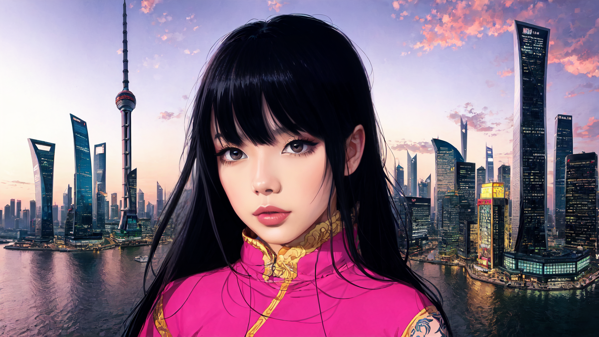 AI generated wallpaper featuring woman, cityscape, tianzifang