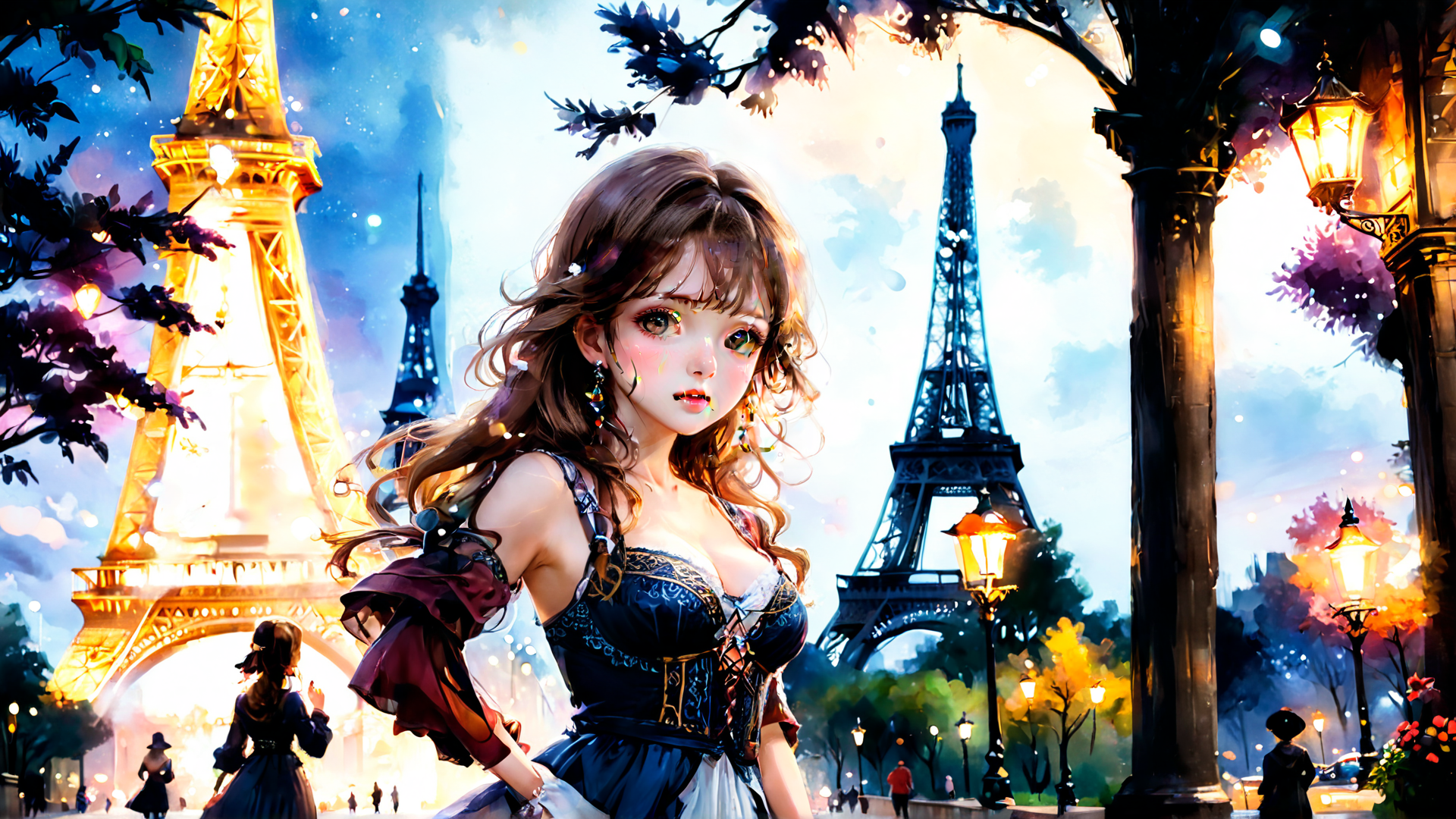 AI generated wallpaper featuring woman, eiffel tower, street