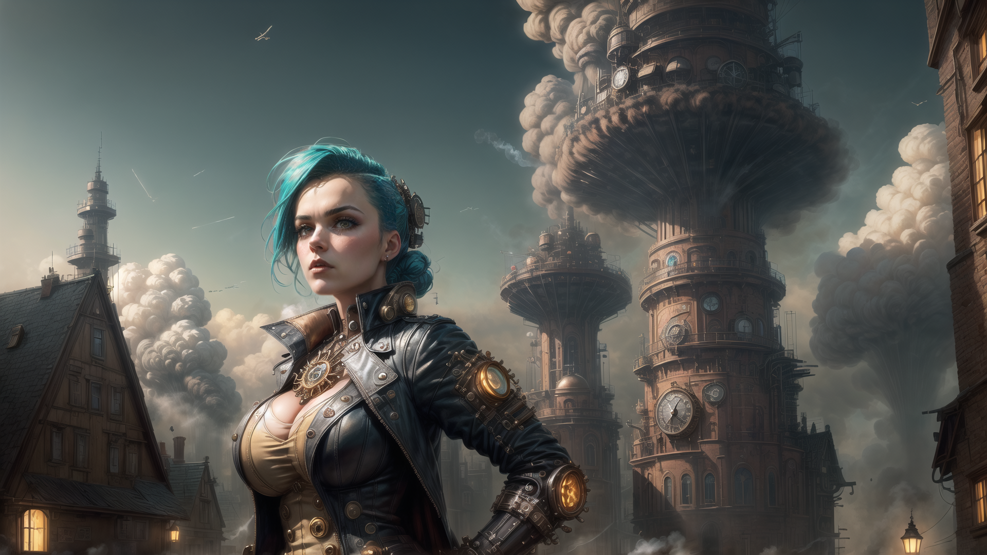 AI generated wallpaper featuring woman, steampunk, city