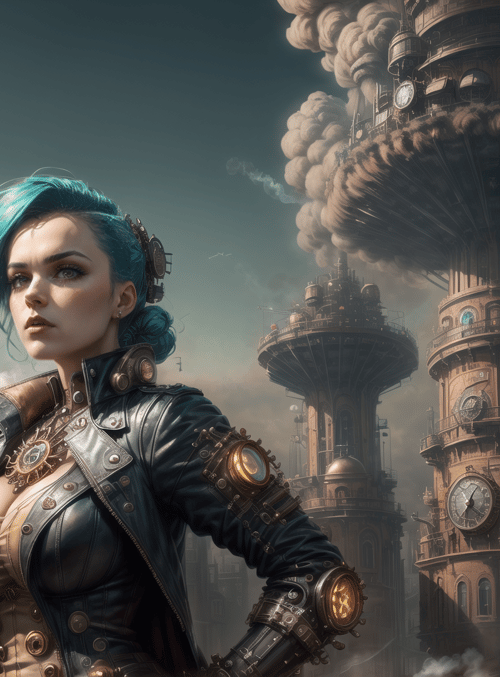 woman, steampunk, city