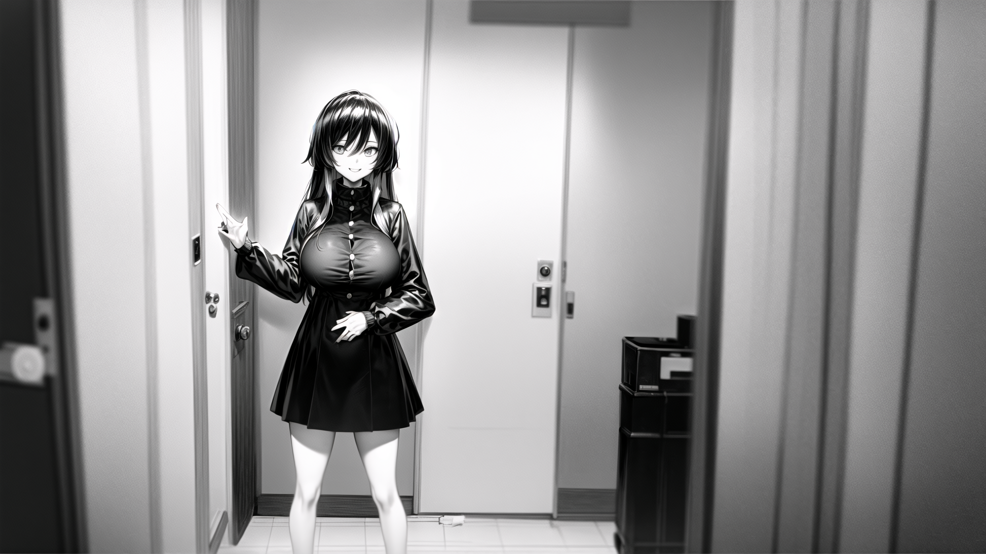 AI generated wallpaper featuring anime girl, corridor, dress