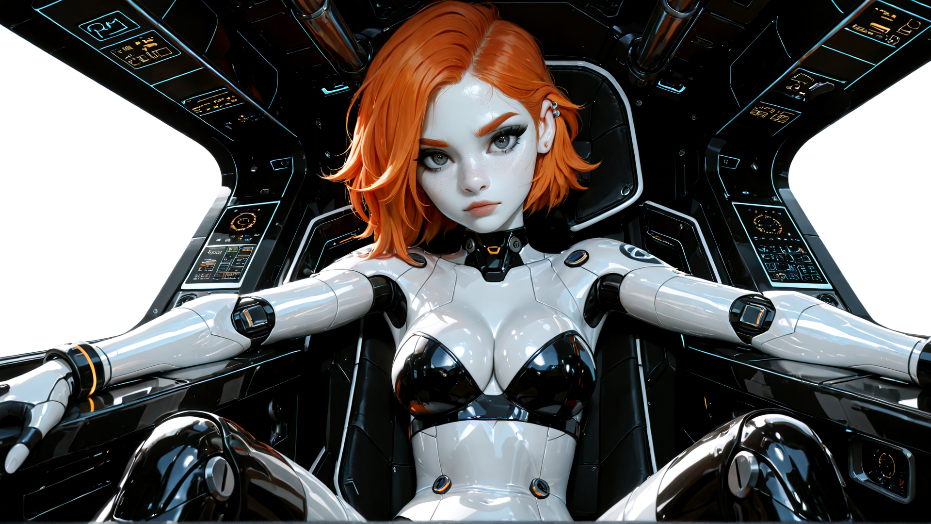 AI generated wallpaper featuring robot, pilot, cockpit, cyborg, futuristic