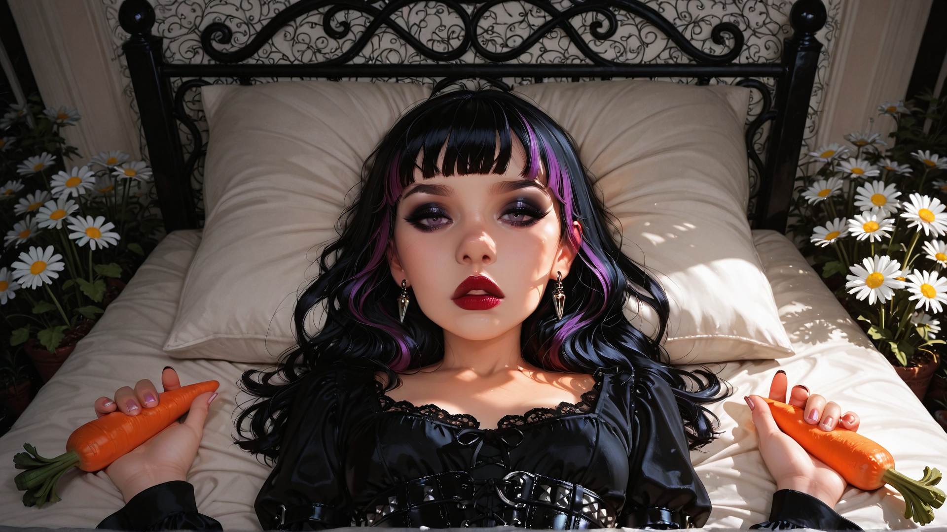 AI generated wallpaper featuring girl, carrot, bed, flowers, wigs, earrings, pillow, headboard