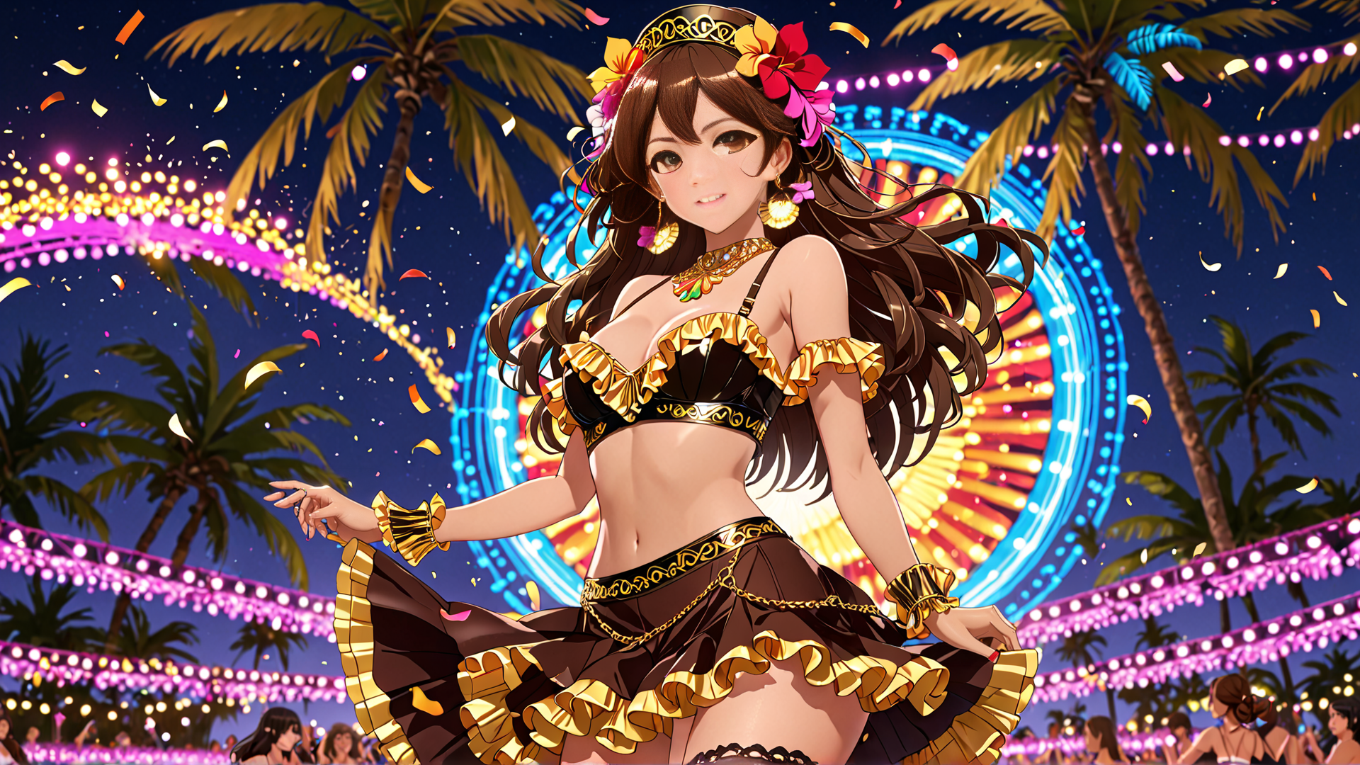 AI generated wallpaper featuring woman, festival, palm trees