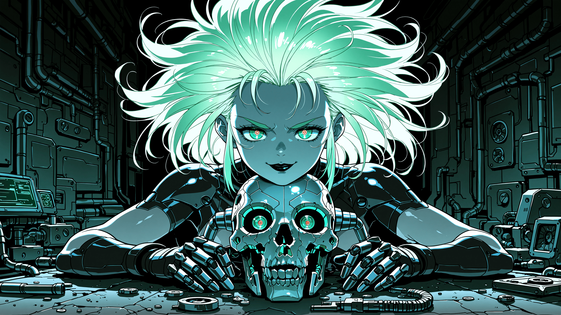 AI generated wallpaper featuring cyborg, robot, skull, mechanical, goggles, hologram, neon, skeleton, glowing, circuits
