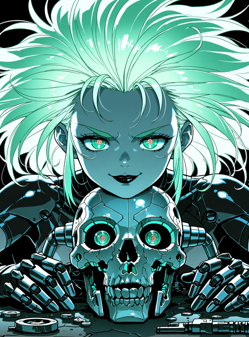 cyborg, robot, skull, mechanical, goggles, hologram, neon, skeleton, glowing, circuits