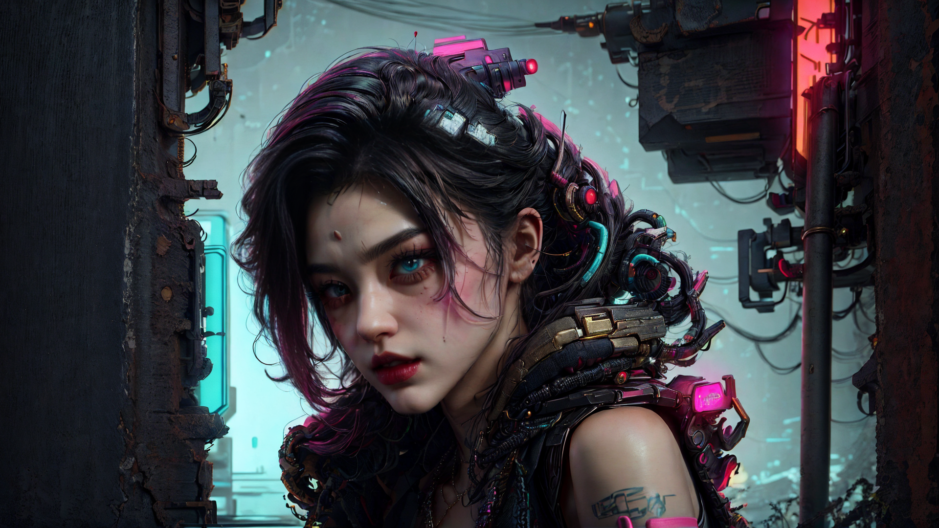 AI generated wallpaper featuring cyberpunk woman, robotic accessories, futuristic gear