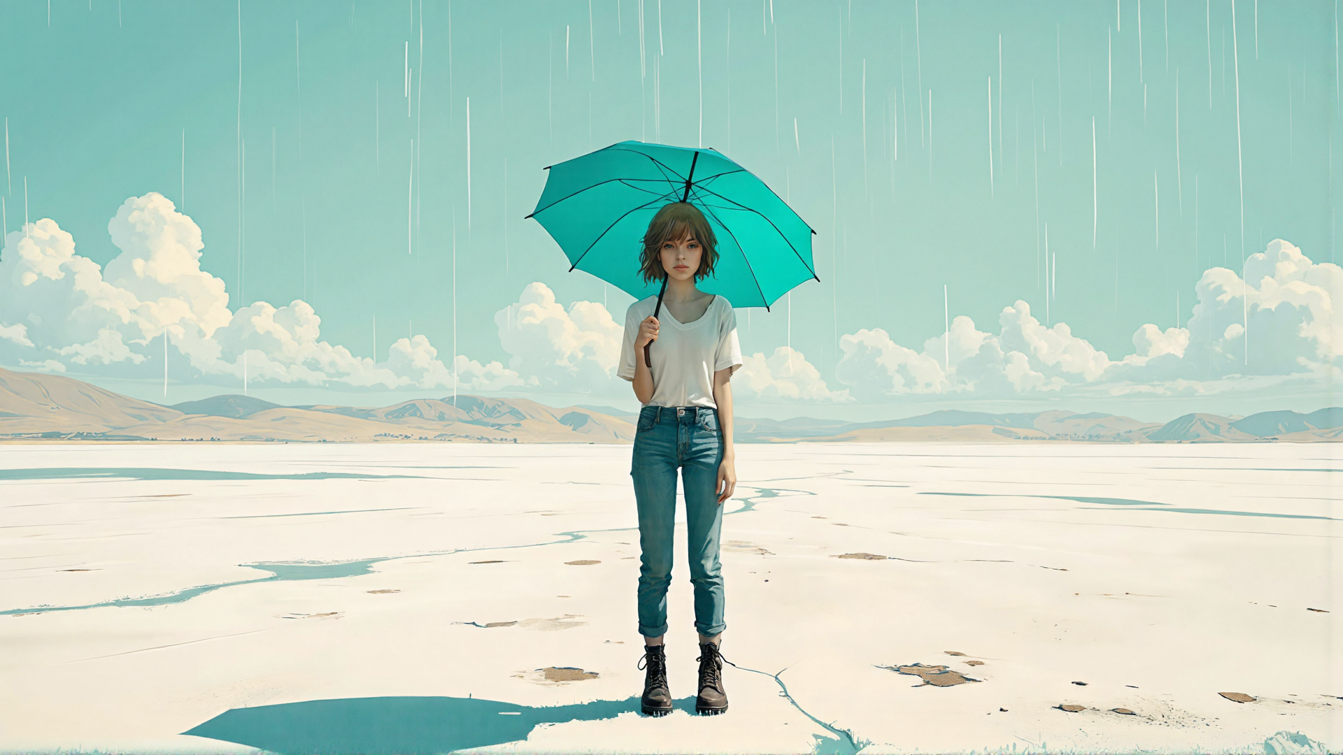 AI generated wallpaper featuring person, umbrella, landscape, mountains, clouds, rain