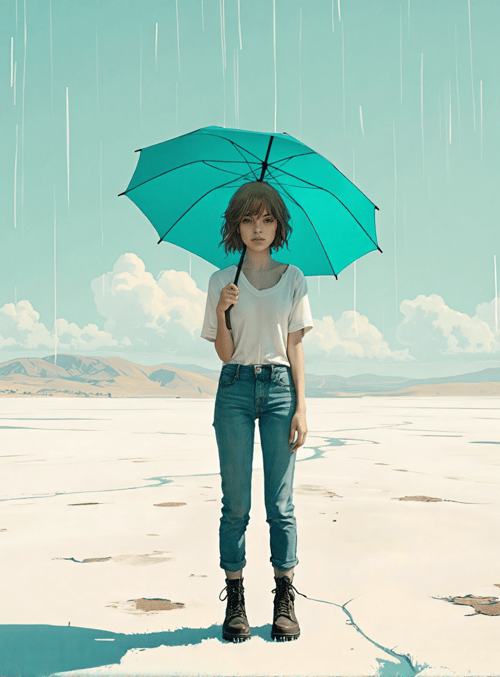 person, umbrella, landscape, mountains, clouds, rain