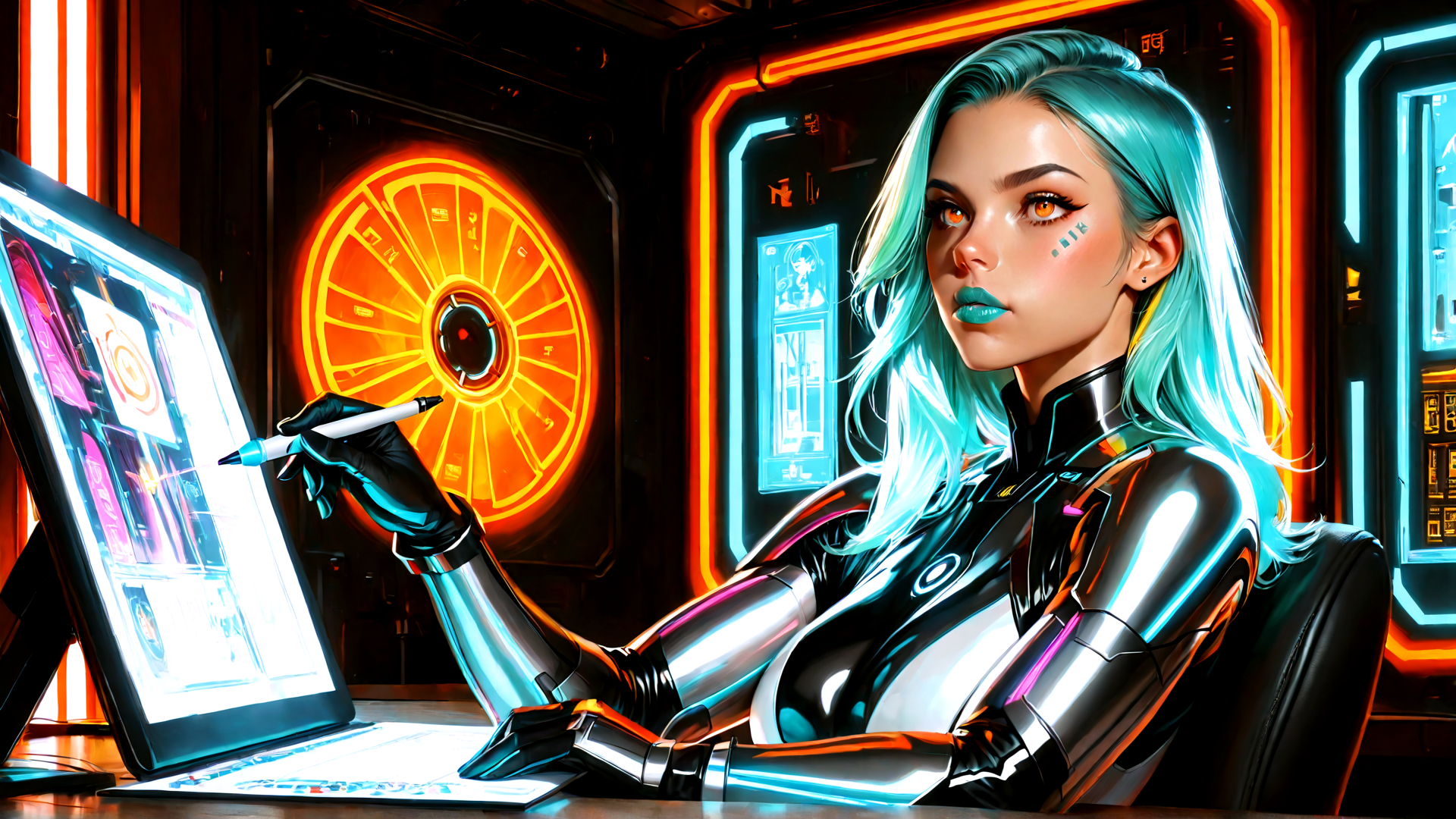 AI generated wallpaper featuring cyborg, artist, digital, screen, neon, gloves, hair, computer, art, interface