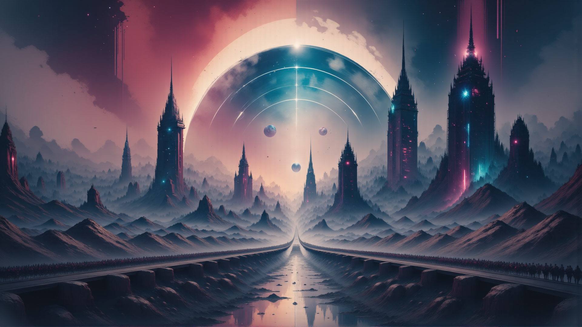 AI generated wallpaper featuring castle, tower, road, mountain, cityscape, sky, moon, planet, bridge, reflection