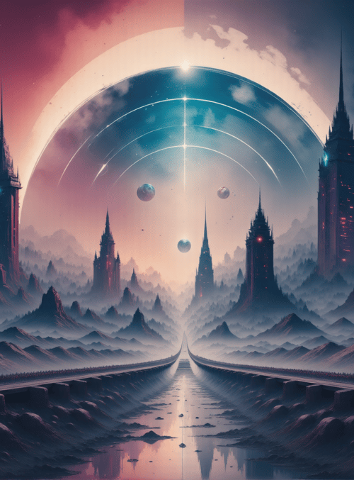 castle, tower, road, mountain, cityscape, sky, moon, planet, bridge, reflection