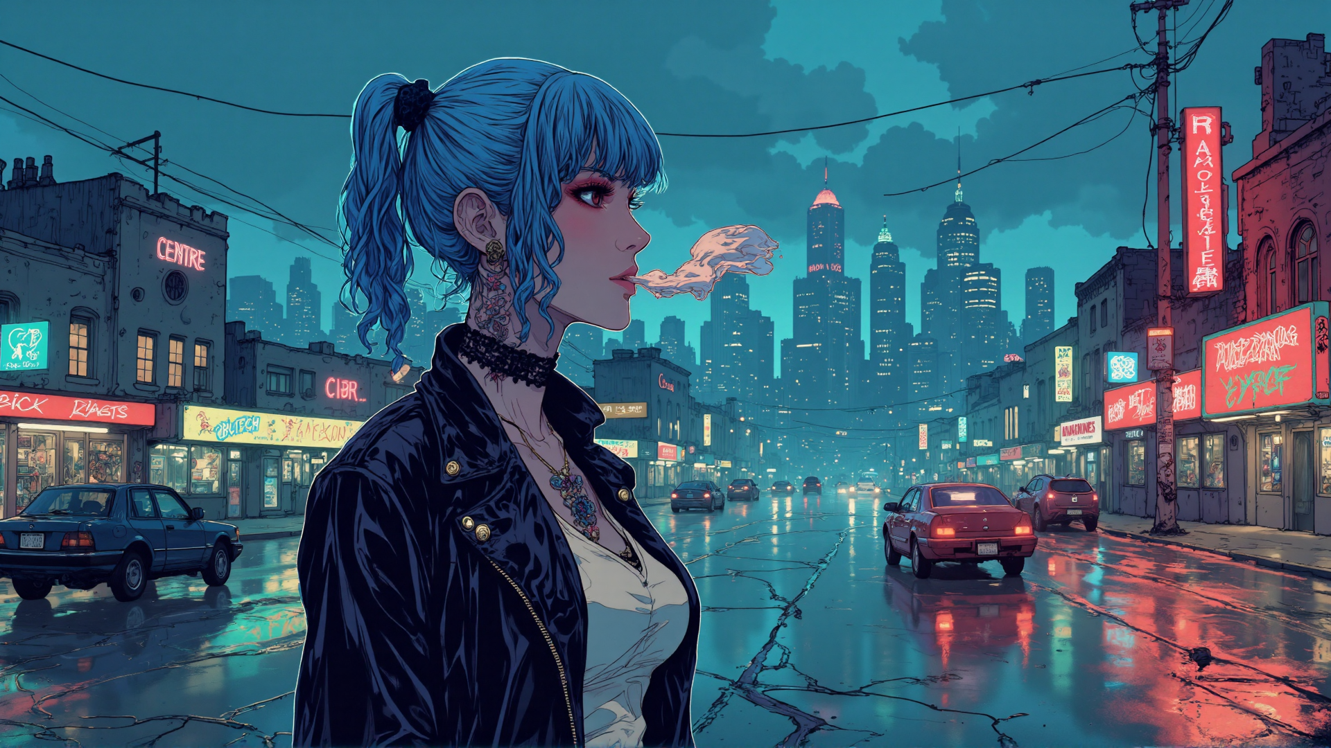 AI generated wallpaper featuring woman, city, street, cars, neon signs, buildings, tattoo, ponytail, smoke, skyline