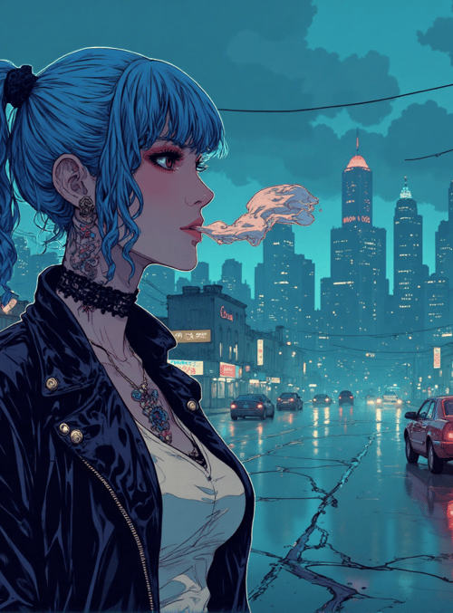 woman, city, street, cars, neon signs, buildings, tattoo, ponytail, smoke, skyline