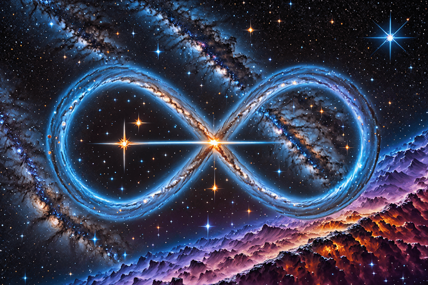 AI generated wallpaper featuring infinity symbol, galaxy, mountains
