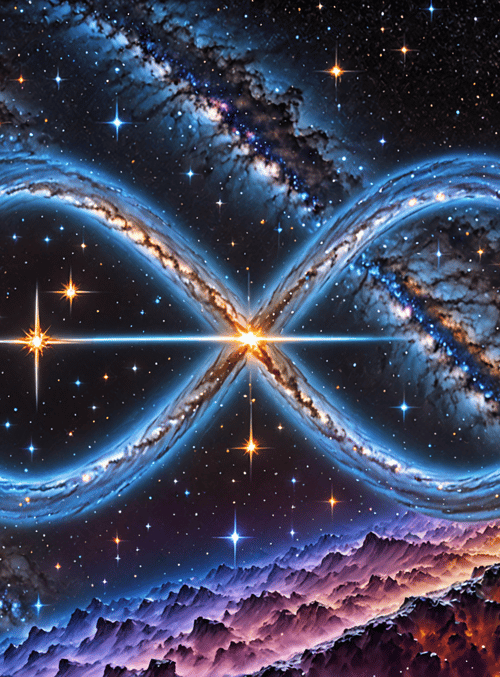 infinity symbol, galaxy, mountains
