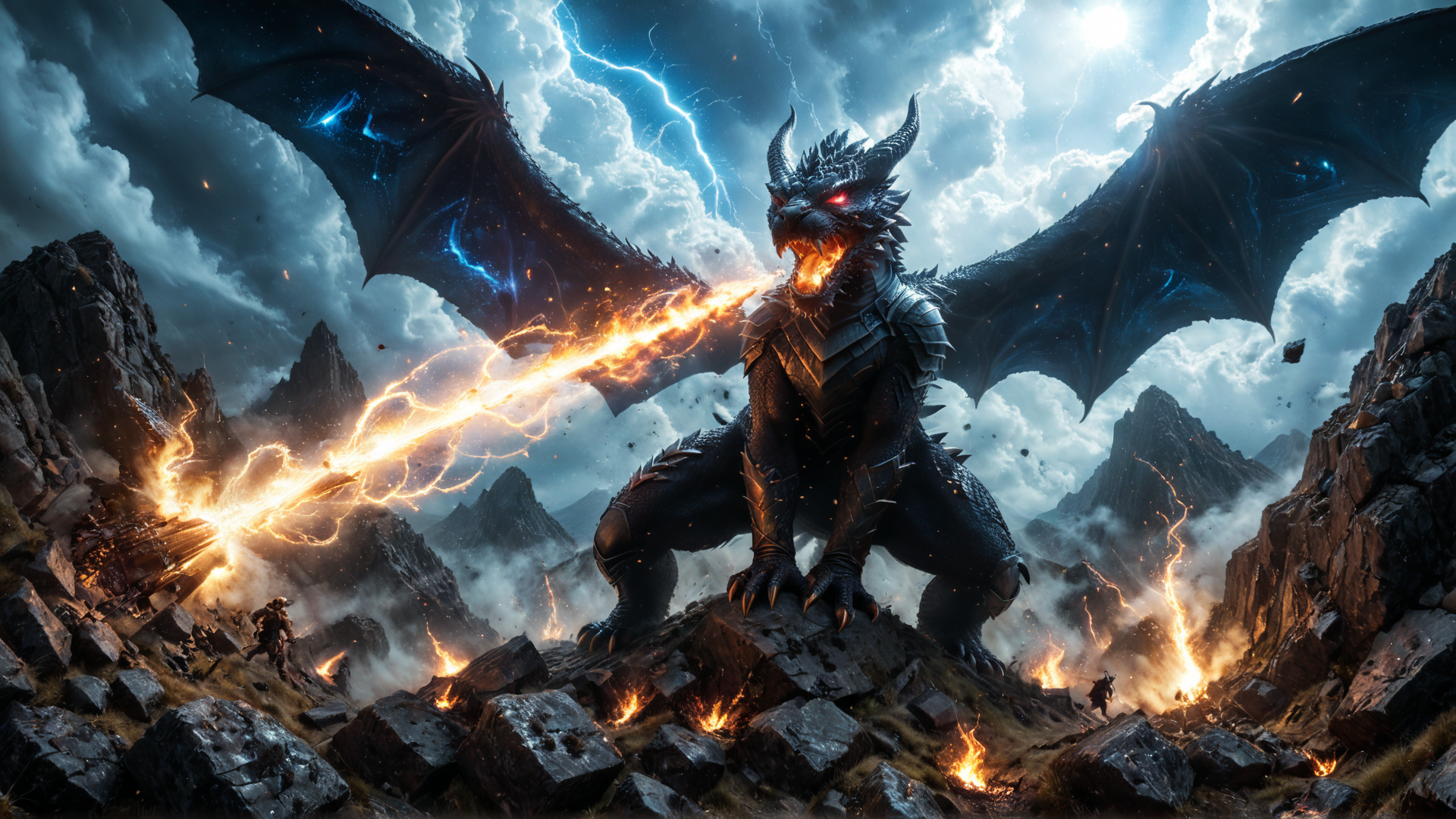 AI generated wallpaper featuring dragon, mountain, warrior