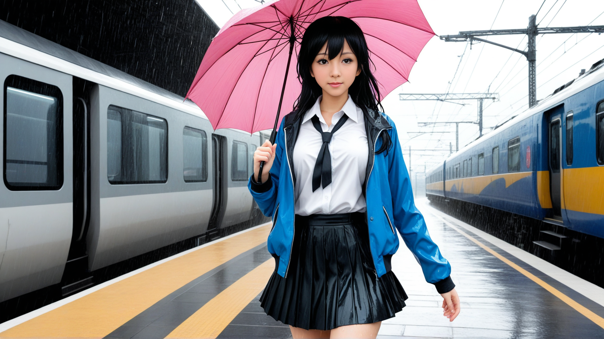 AI generated wallpaper featuring girl, umbrella, train