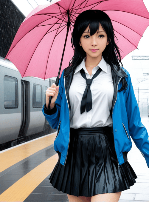 girl, umbrella, train