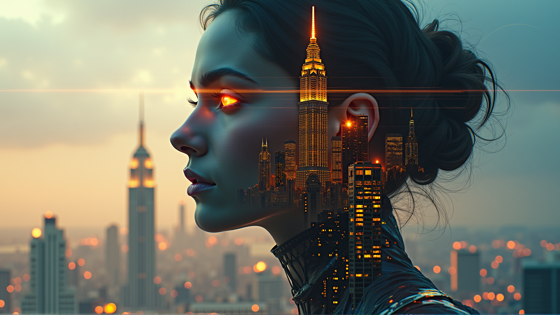 AI generated wallpaper featuring woman, cityscape, skyscraper, lens flare, hair