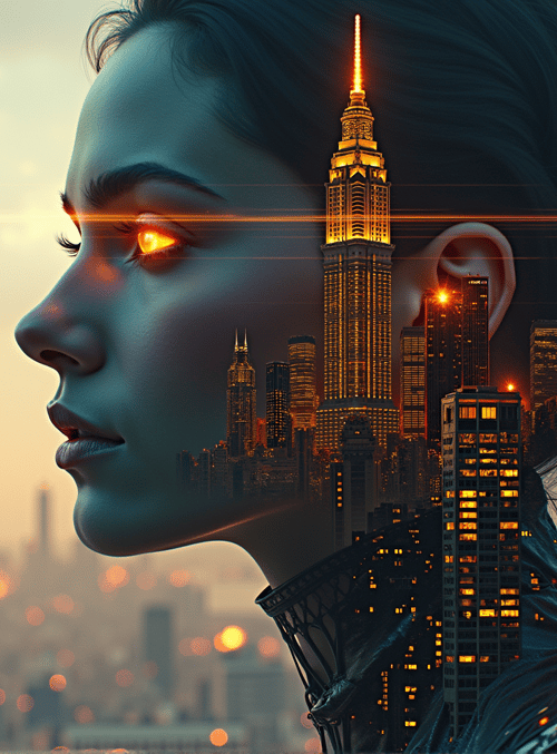 woman, cityscape, skyscraper, lens flare, hair