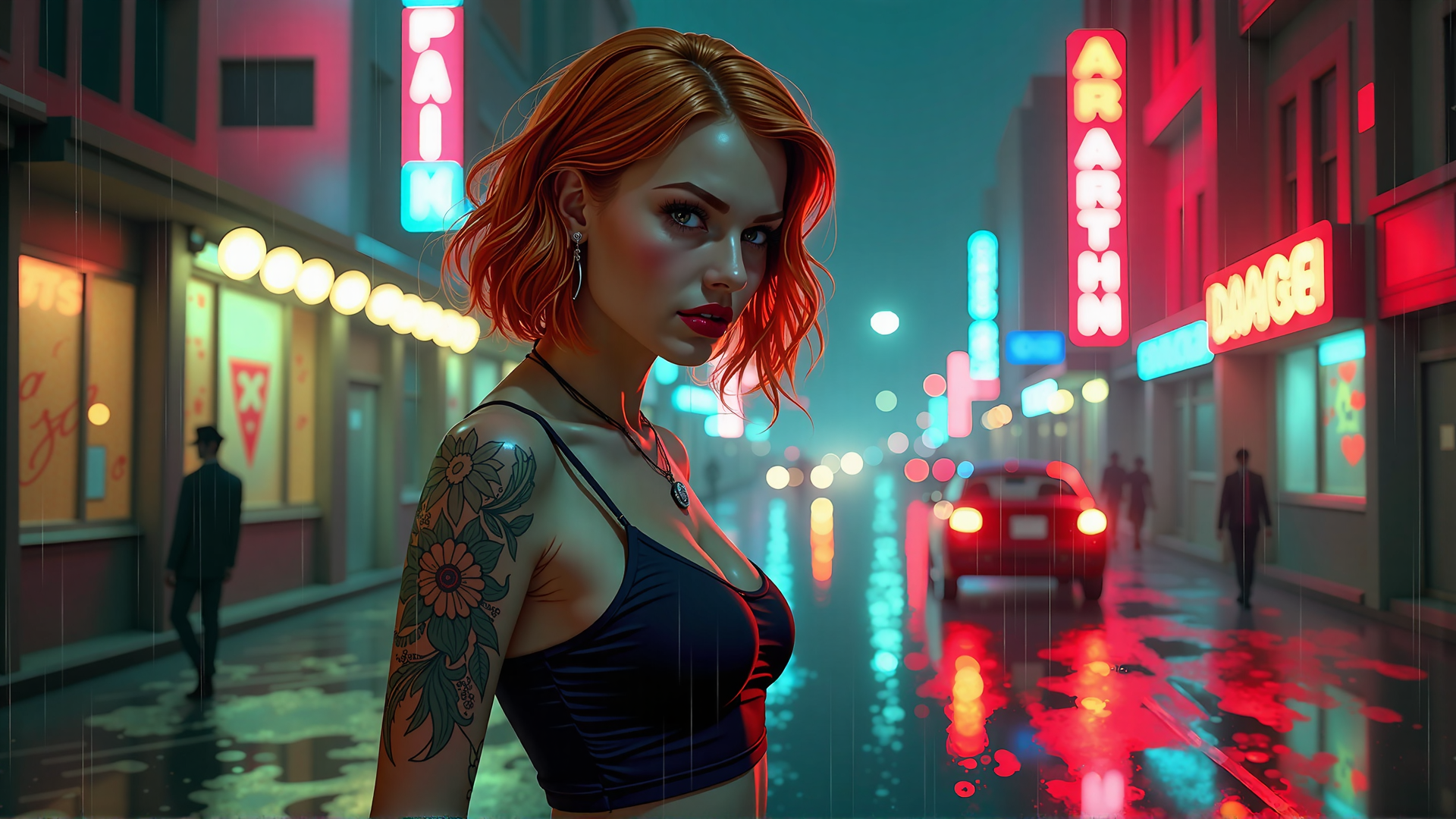 AI generated wallpaper featuring woman, tattoo, street, neon, car, rain, buildings