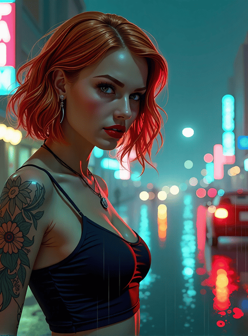 woman, tattoo, street, neon, car, rain, buildings