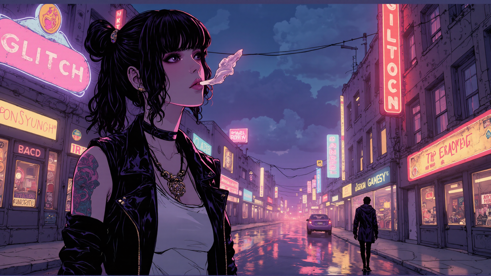 AI generated wallpaper featuring woman, neon sign, street, tattoo, car, building