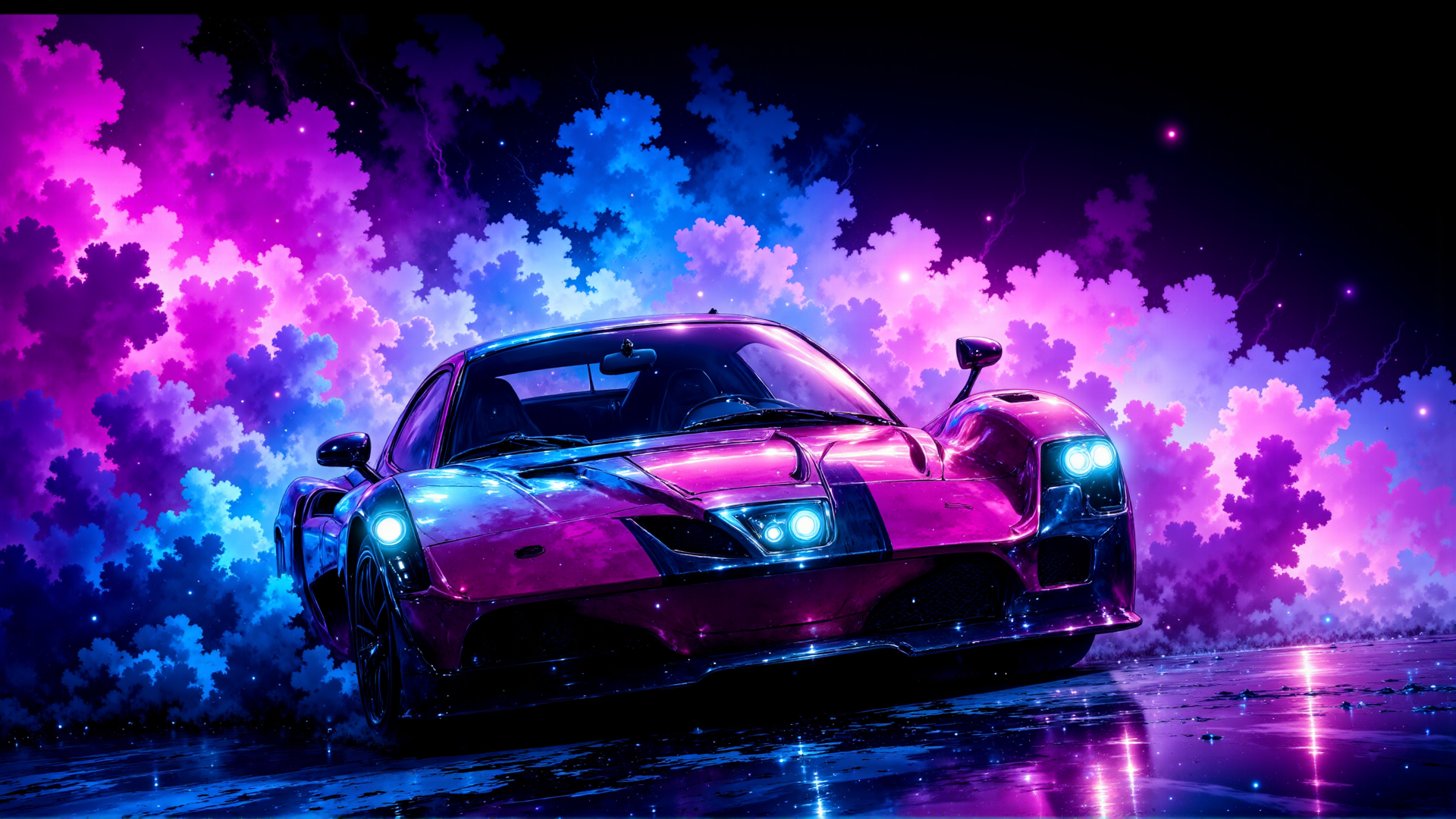 AI generated wallpaper featuring car, supercar, clouds, night sky, road