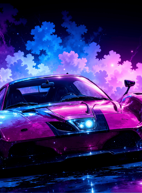 car, supercar, clouds, night sky, road