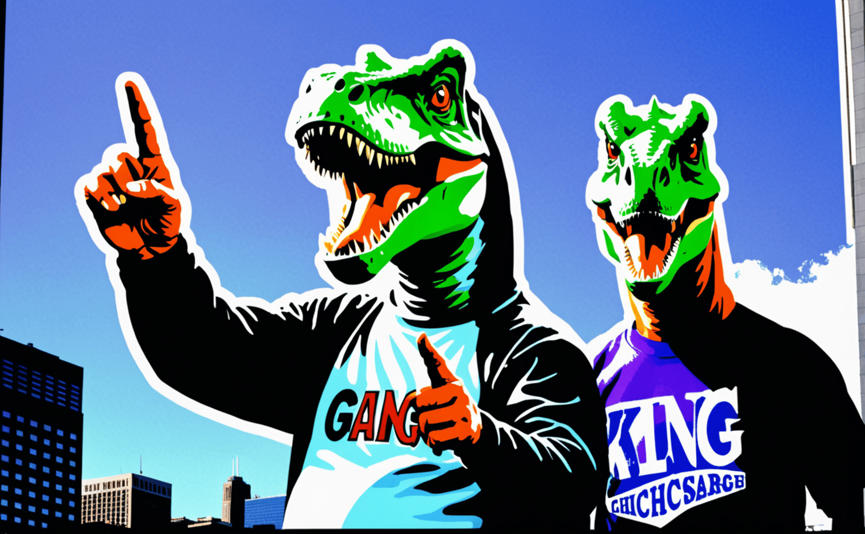 AI generated wallpaper featuring dinosaur, raptor, person, sweater, shirt, cityscape, buildings, pointer, thumbsup