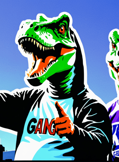 dinosaur, raptor, person, sweater, shirt, cityscape, buildings, pointer, thumbsup