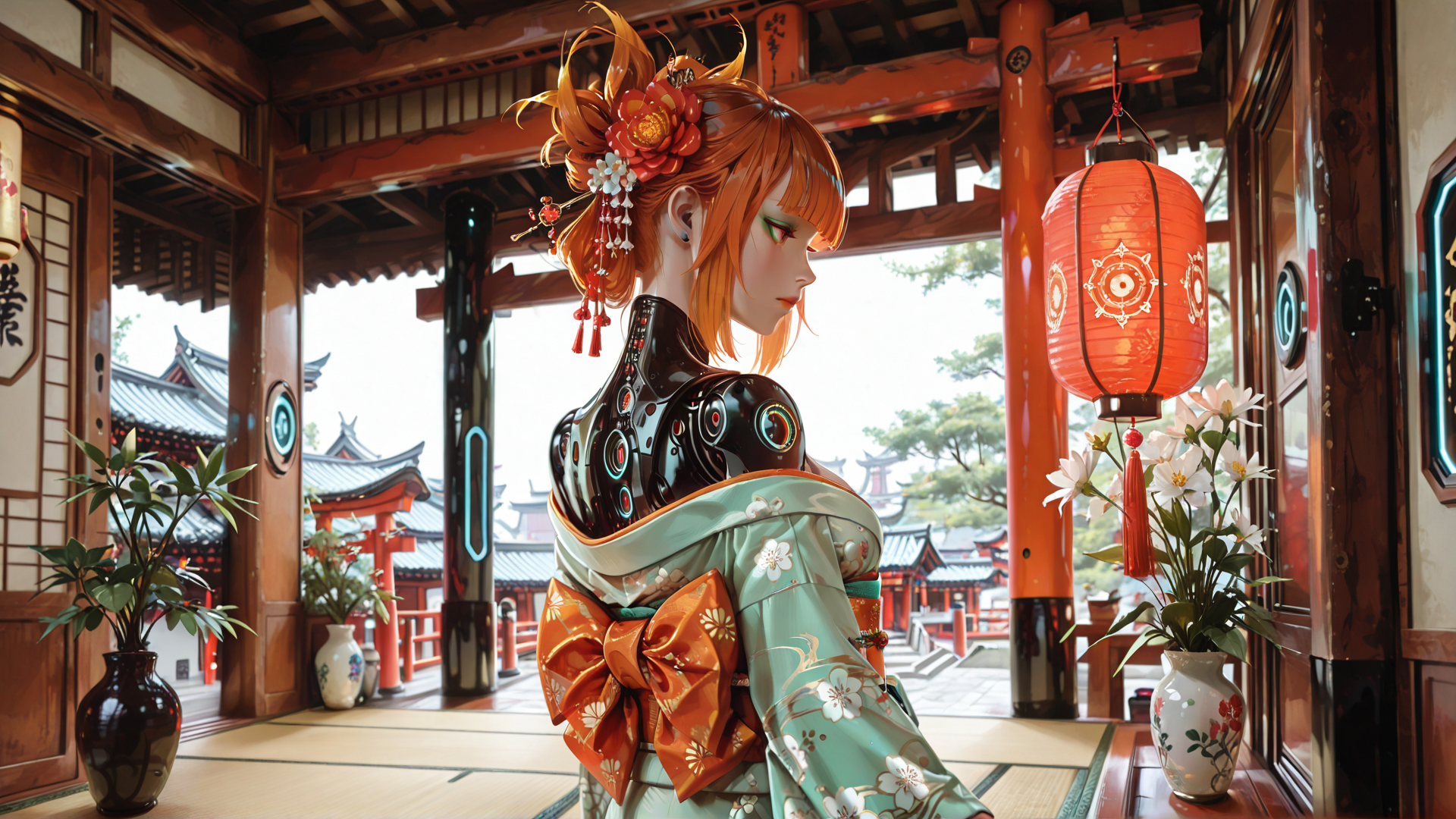 AI generated wallpaper featuring anime, cyborg, knight, kimono, hanafuda, lantern, blossom, sakura, traditional, japanese