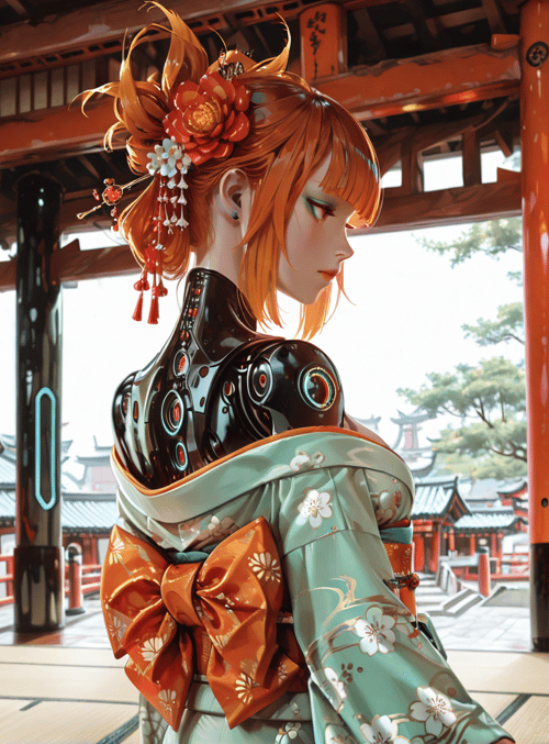 anime, cyborg, knight, kimono, hanafuda, lantern, blossom, sakura, traditional, japanese